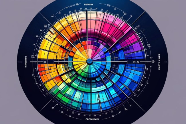 A graphical representation of a color wheel, highlighting primary, secondary, and tertiary colors, and their combinations