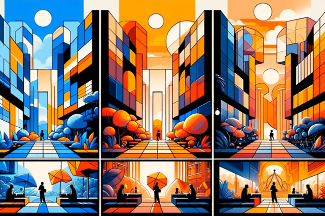 It depicts visual examples of different color schemes such as monochromatic, analogous, complementary, and triadic, each represented in a separate quadrant with a mini motion graphic scene. These scenes illustrate how each color harmony creates unique emotional responses and enhances visual storytelling in motion graphics.