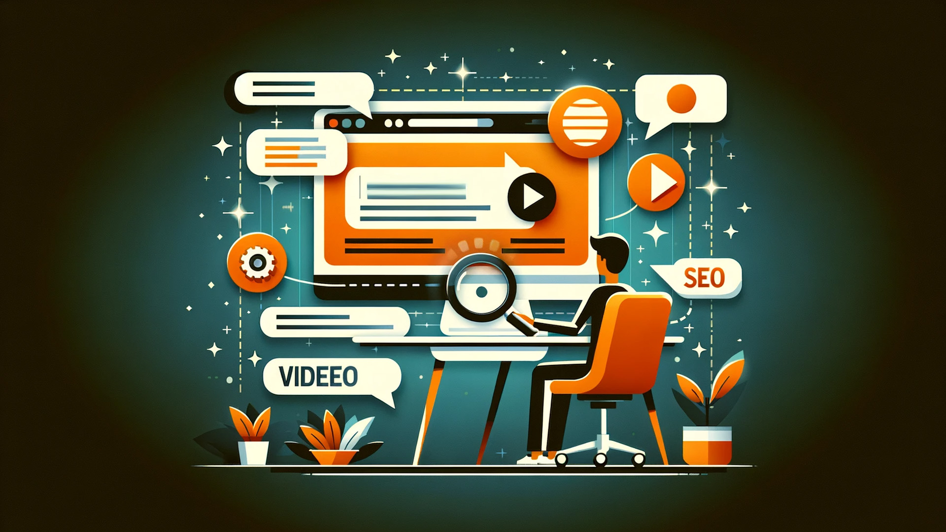 A-graphic-of-a-person-researching-keywords-on-a-computer-with-video-icons-and-keyword-lists-around-the-screen